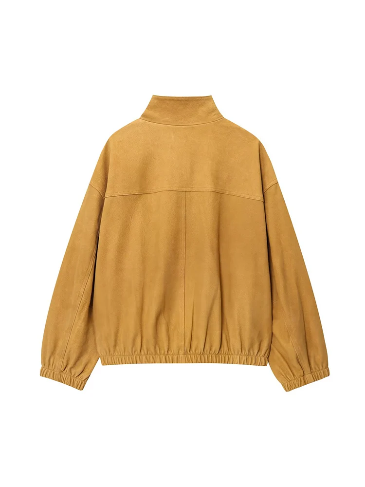 Herbst frauen Leder Bomber Jacke Mode Stehen Kragen Volle Hülse Button Up Kurzen Mantel Solide Lose Damen Trend Kleidung