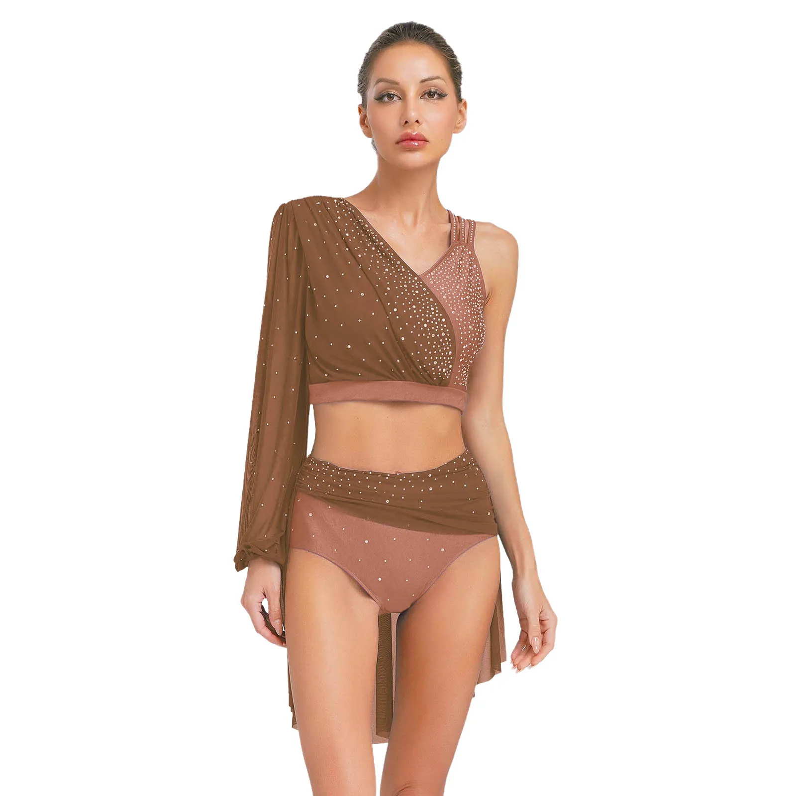 

2Pcs Womens Lyrical Dance Outfit Single Sleeve Backless Crop Top+Mesh Skirted Briefs Suit Contemporary Modern Ballet Dance Dress