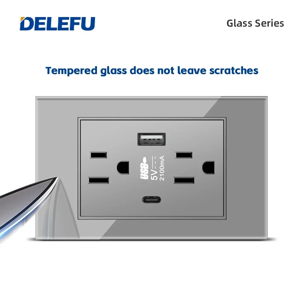 DELEFU Grey Tempered Glass USb Type C US Standard Outlet Mexico America Plug 118*72 Wall Power Socket Light Switch Fast Charge