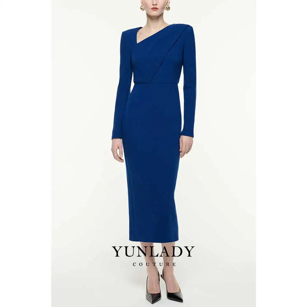

YUNLAN Customizd Blue Boat Neck Mom Midi Evening Dress 2025 Spring Dubai Ladies Wedding Ball Gown Guest Dress