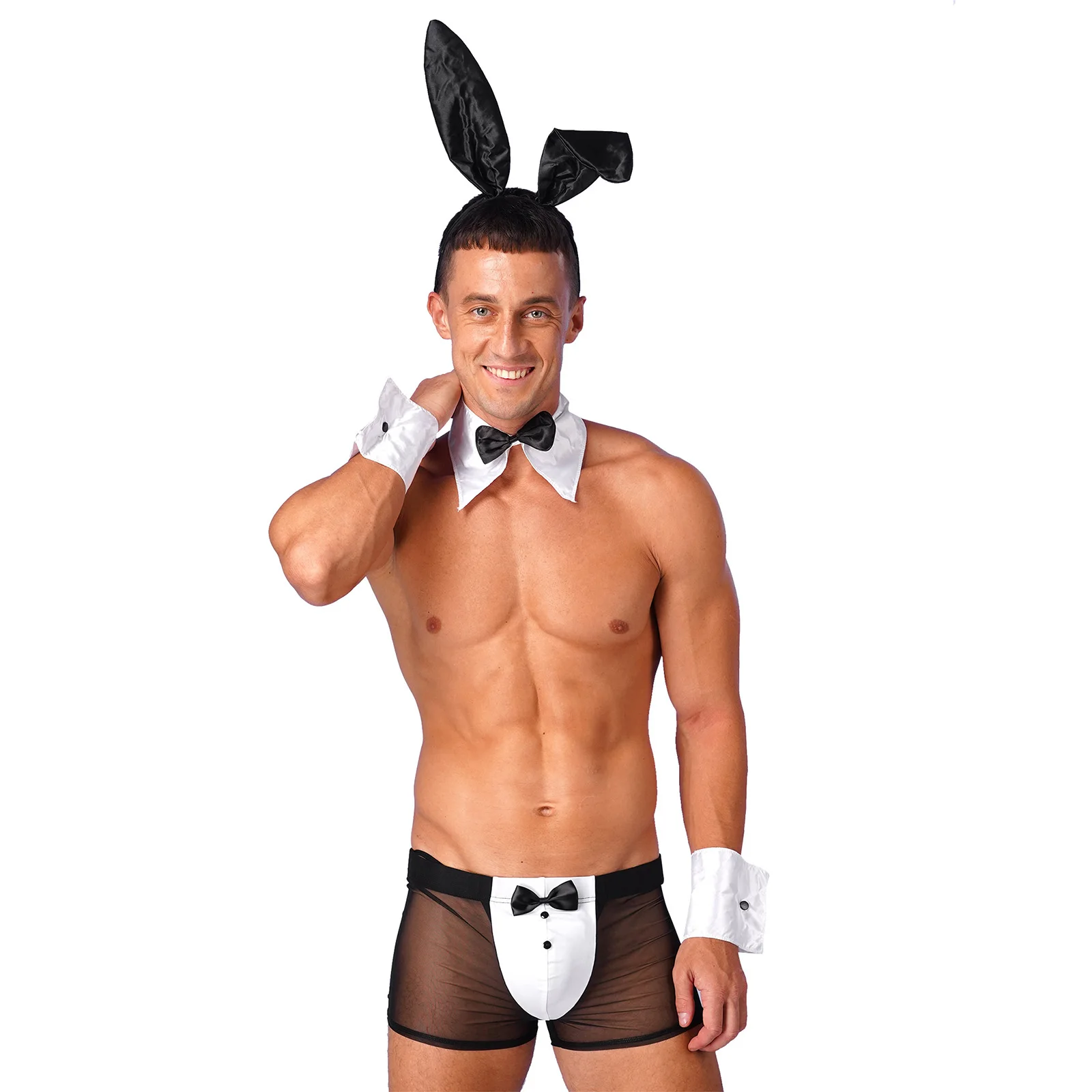 Men\'s Waiter Cosplay Lingerie Sexy Tuxedo Costume Role Play Uniform See Through Boxers Shorts with Bunny Ears Headband Collar