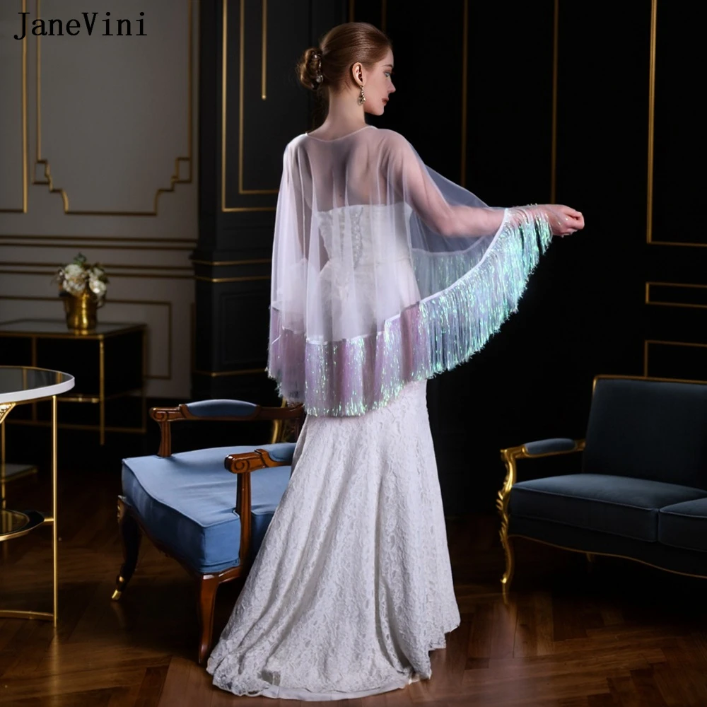 JaneVini Fashion Colorful Tassels White Bridal Shawls Wraps Summer Tulle Wedding Cape Cloak Evening Party Women's Shrug Jacket