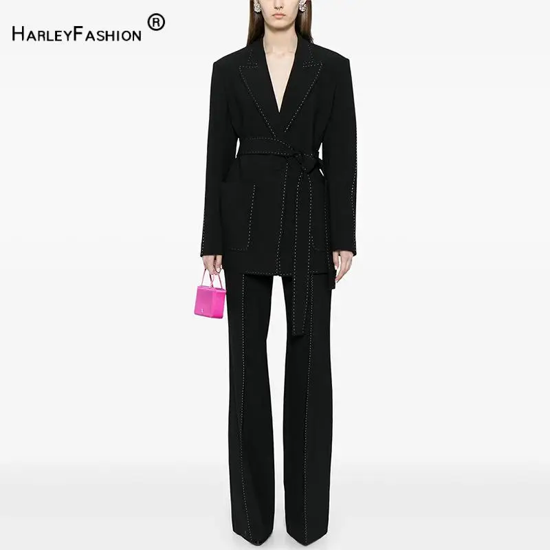 Lady Designed Thread Office Causal Suit Notched Long Sleeve Single Button Blazer With Belt Wide Legs Pants Women Solid 2pcs