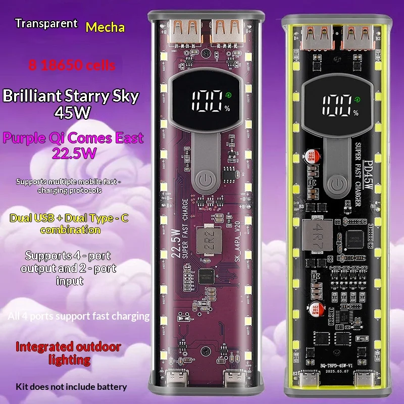 

PD 45W Fast Charging Power Bank Kit, 8PCS 18650 Battery Storage Box, Detachable Transparent Mecha Casing for DIY
