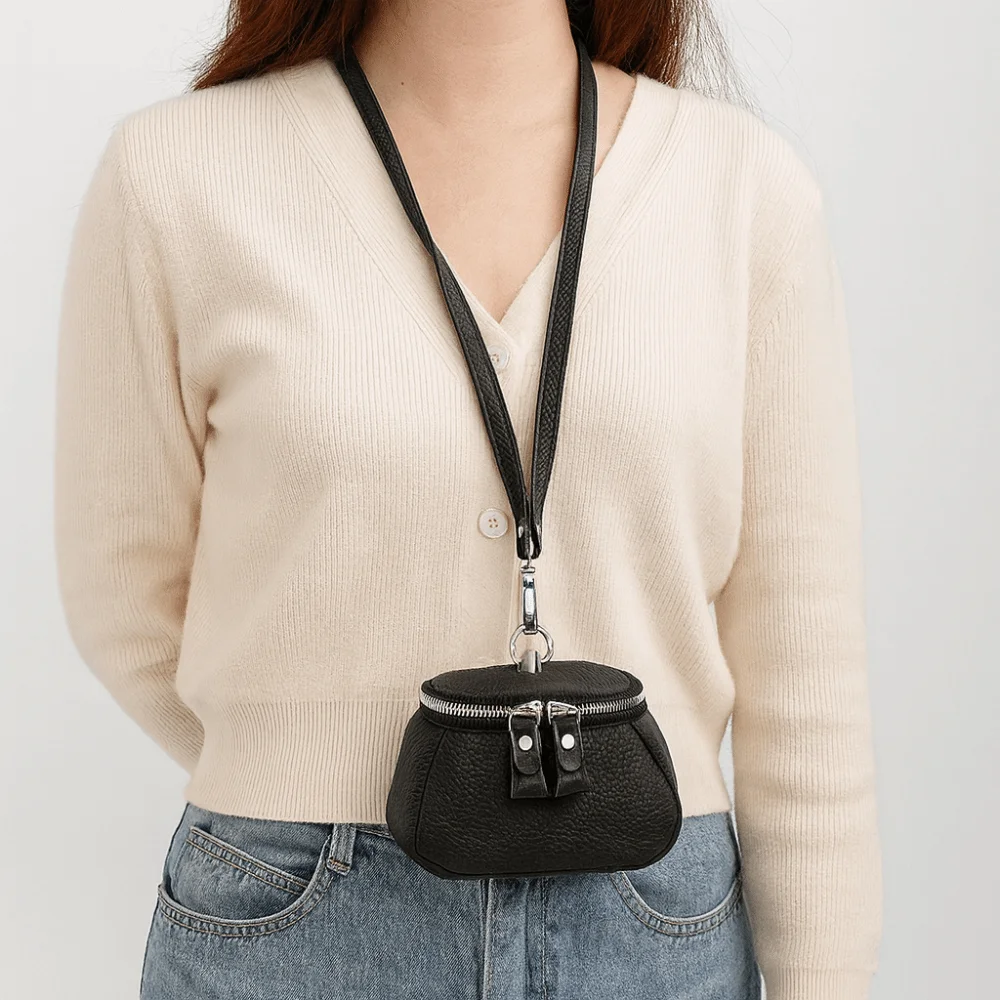 Solid Color Hanging Neck Coin Purse Genuine Leather Lipstick Earphone Pouch Lanyard Wallet Makeup Storage Purse Mini Storage Bag