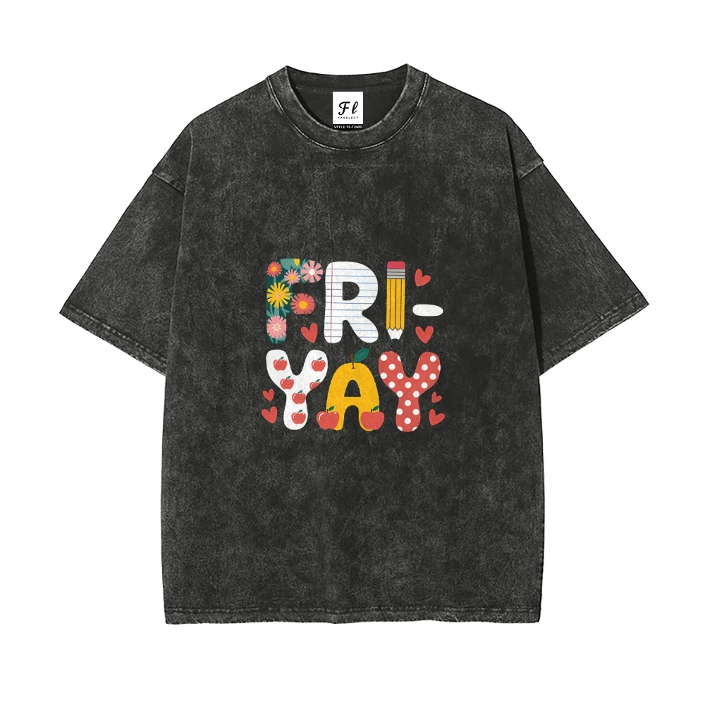 Fri Yay Graphic Tee Playful Friday Design Distressed Wash Casual Loose Short Sleeved Summer Lively Cheerful Comfortable Top