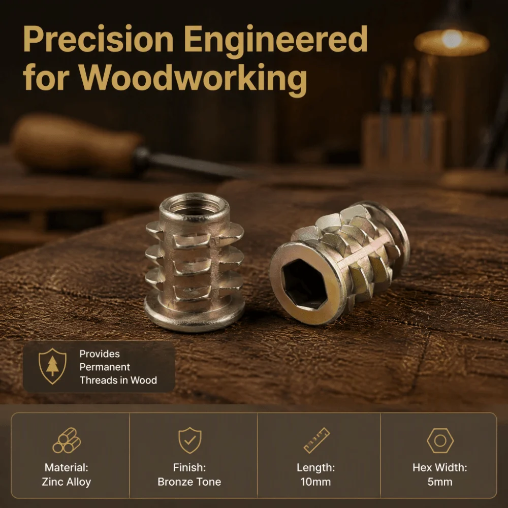 50pcs Hex Drive Threaded Insert Nuts Industrial Use Furniture Assembly Wood Insert Nuts M5*10mm Hex Drive Insert Nuts