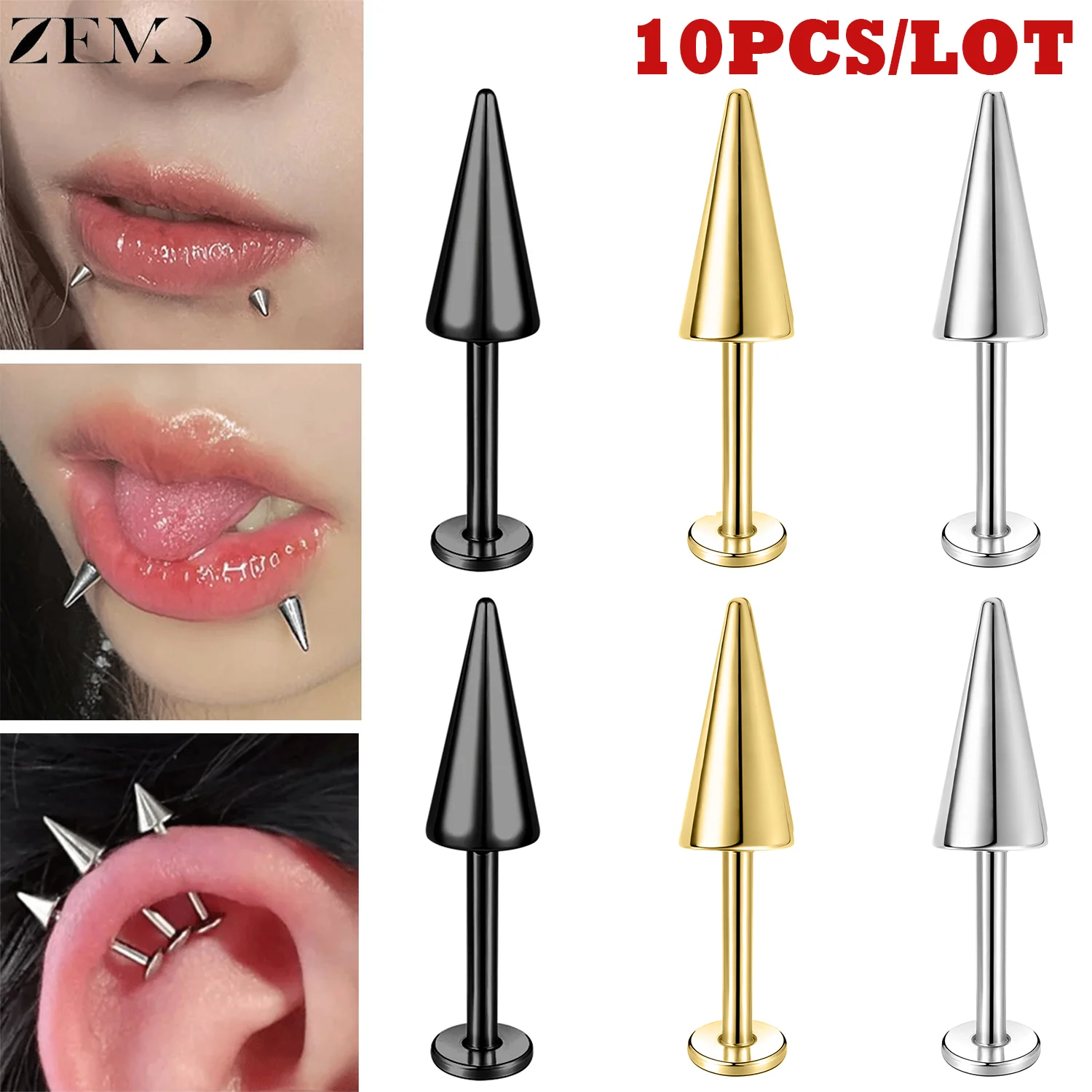 ZEMO 10 Stück 16G Spike Labret Lippenpiercing Edelstahl Außengewinde Barbell Lippenstecker Knorpel-Ohrringe Piercing 6/8/10MM
