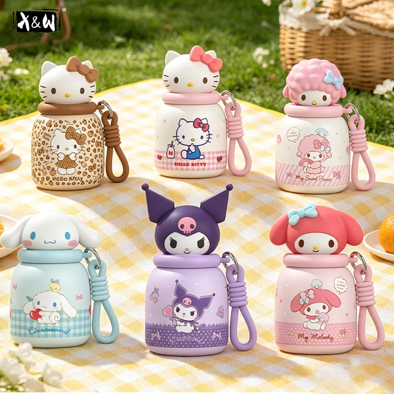 X&W Sanrio 250ml Sanrio Hello Kitty Thermos Cup Portable Stainless Steel Water Bottle Kawaii Insulated Mug with Lanyard for Kids
