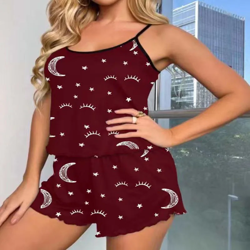 

Women's Heart-Shaped Moon Print Color Pajamas Set Sweet Wind Suspenders Shorts Two Sets of Black Europe and America Sleepwear