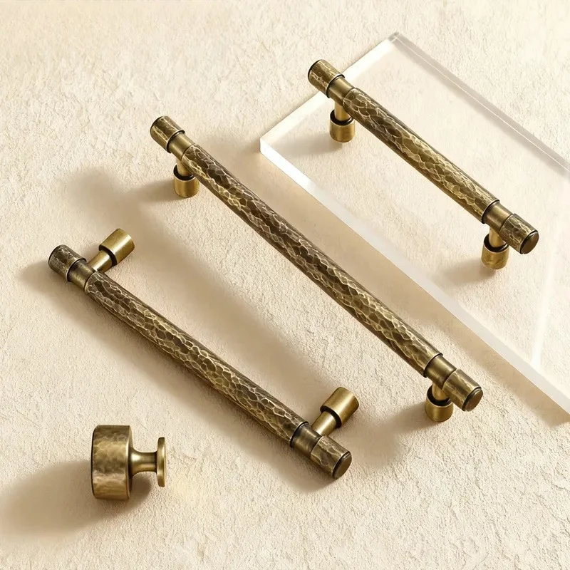 French Retro Hammered Brass Handle Light Luxury Pure Copper Wardrobe Door Cabinet Drawer Knob Bronze Finish Hardware