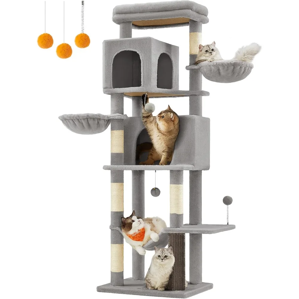 

Cat Tree, 69-Inch Tall Cat Tower for Large Cats Up To 16 Lb, Multi-Level Cat Condo Self-Groomer, Perch, Hammock, Dove Gray