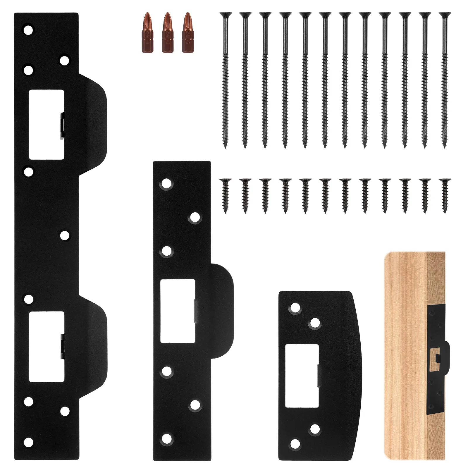 

Очень большая дверная защелка. Большая ударная пластина. Усиленная направляющая пластина с защелкой и большим отверстием для ремонта поврежденной изношенной рамы.