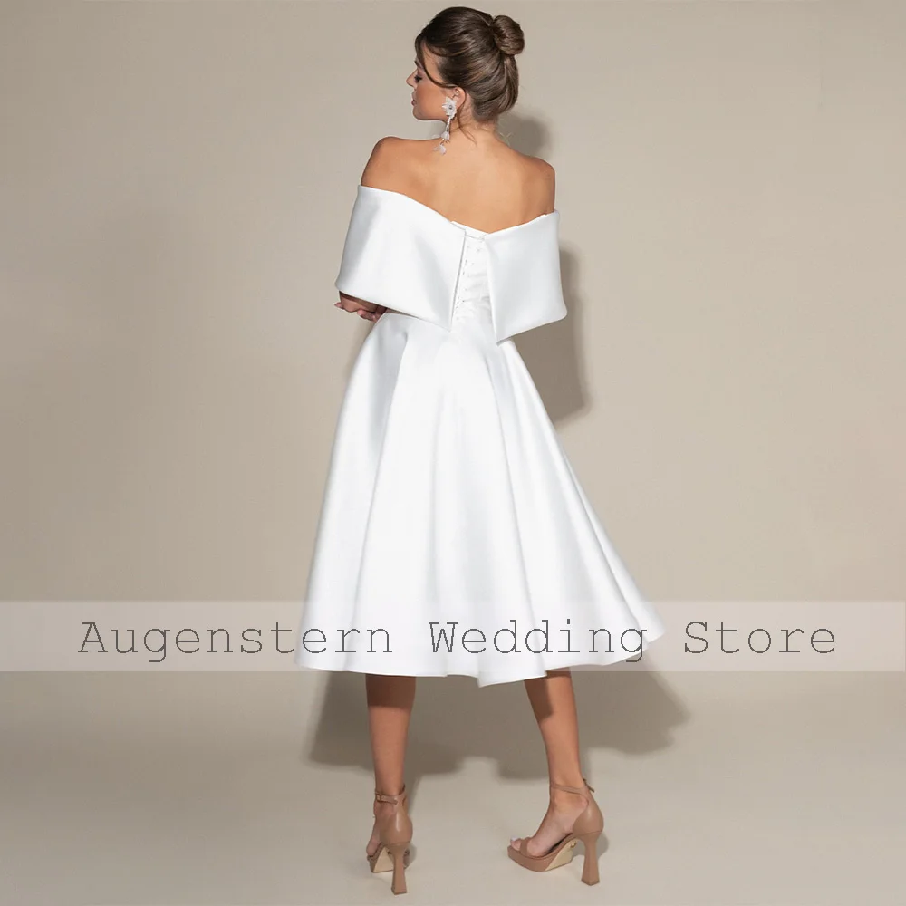 Midi Wedding Dress White Satin Off the Shoulder A Line Short Wedding Gowns for Women 2024 V Neck Tea Length Simple Bridal Dress