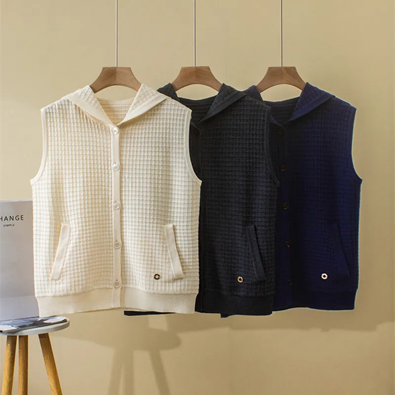 

Women's Autumn and Winter New Wool Top Hooded Sleeveless Loose Knitted Wool Vest Vest Cardigan