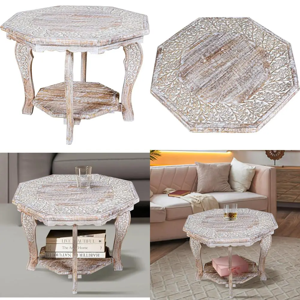 흰색으로 칠해진 농가 스타일의 팔각형 커피 테이블, 거실과 침실을 위한 24x24x18 소박한 접이식 엔드 테이블