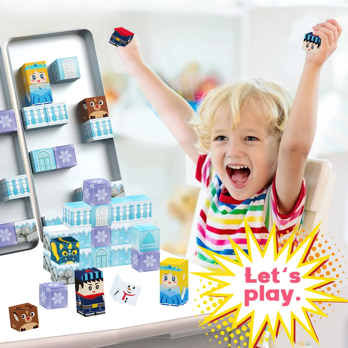 Conjunto de blocos magnéticos de caixa de ferro infantil, brinquedos magnéticos de empilhamento de castelo de gelo e neve, brinquedos de construção gratuitos, brinquedos de quebra-cabeça infantis