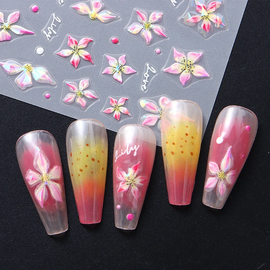 2 stuks glanzende lelie bloem nail art sticker stickers orchidee bloemen zelfklevende sliders holografische stickers manicure nail art decoraties