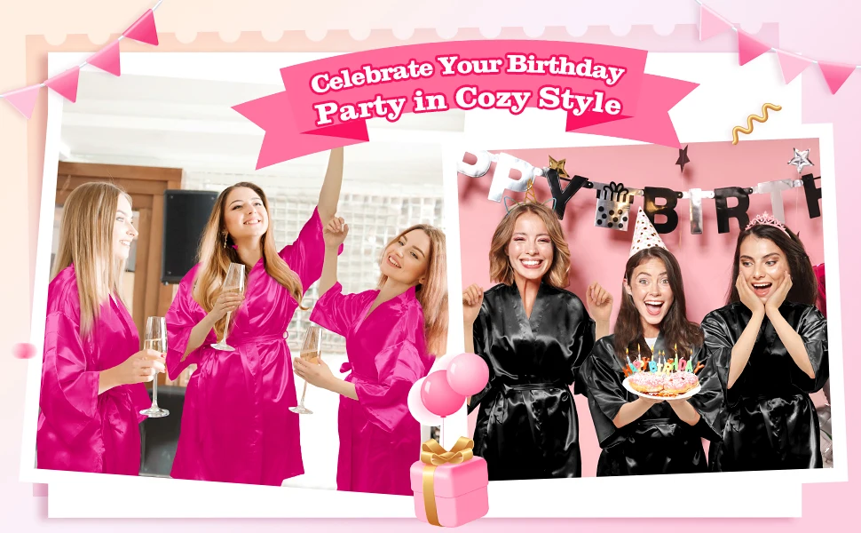 6 Pcs Women's Birthday Squad Robes Birthday Party Queen Spa Bathrobe Kimono Spa Robe Sleepover Party Robes Silky Gown