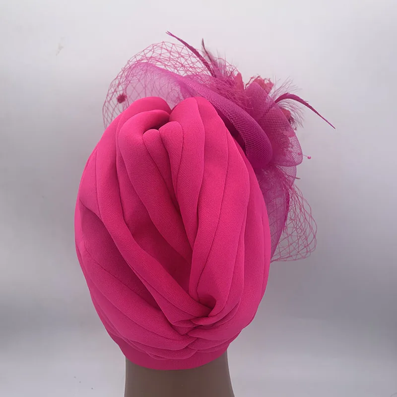 2023 New Retro Feather Flower Turban Cap with Veil Elegant Women\'s Party Hat Muslim Headscarf Bonnet Ladies Head Wrap Turbante