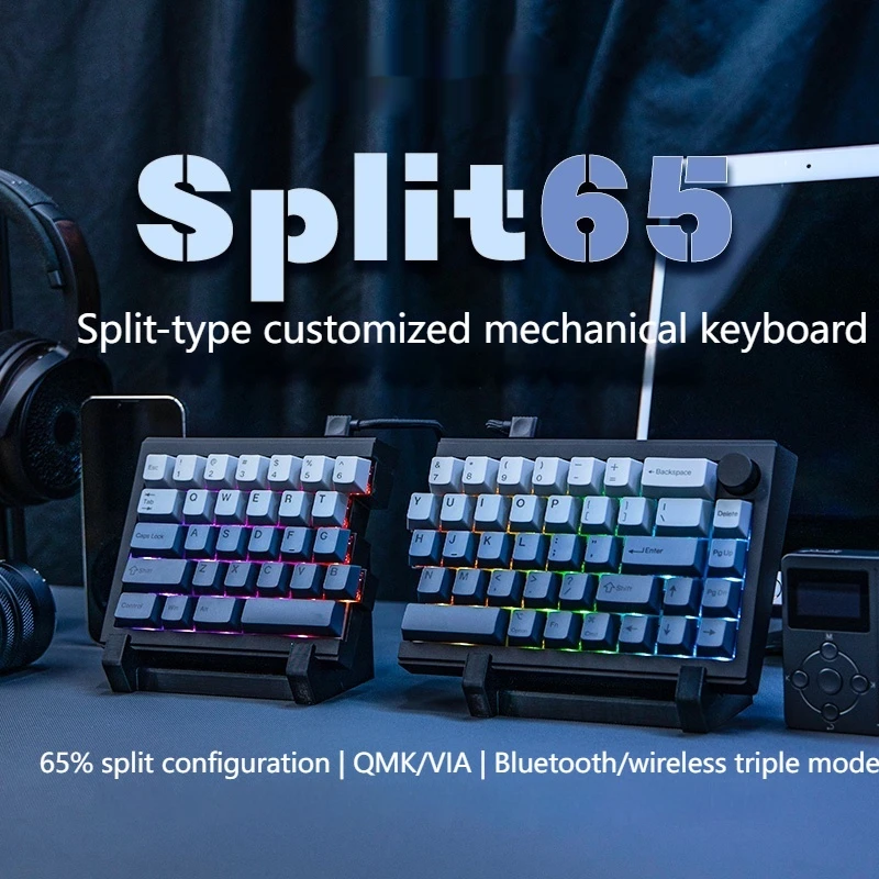 Split65 Split Wireless Mechanical Keyboard Customized Tri-Mode Full Key Hot Plug Macro Program Backlight Effect Gaming Keyboard