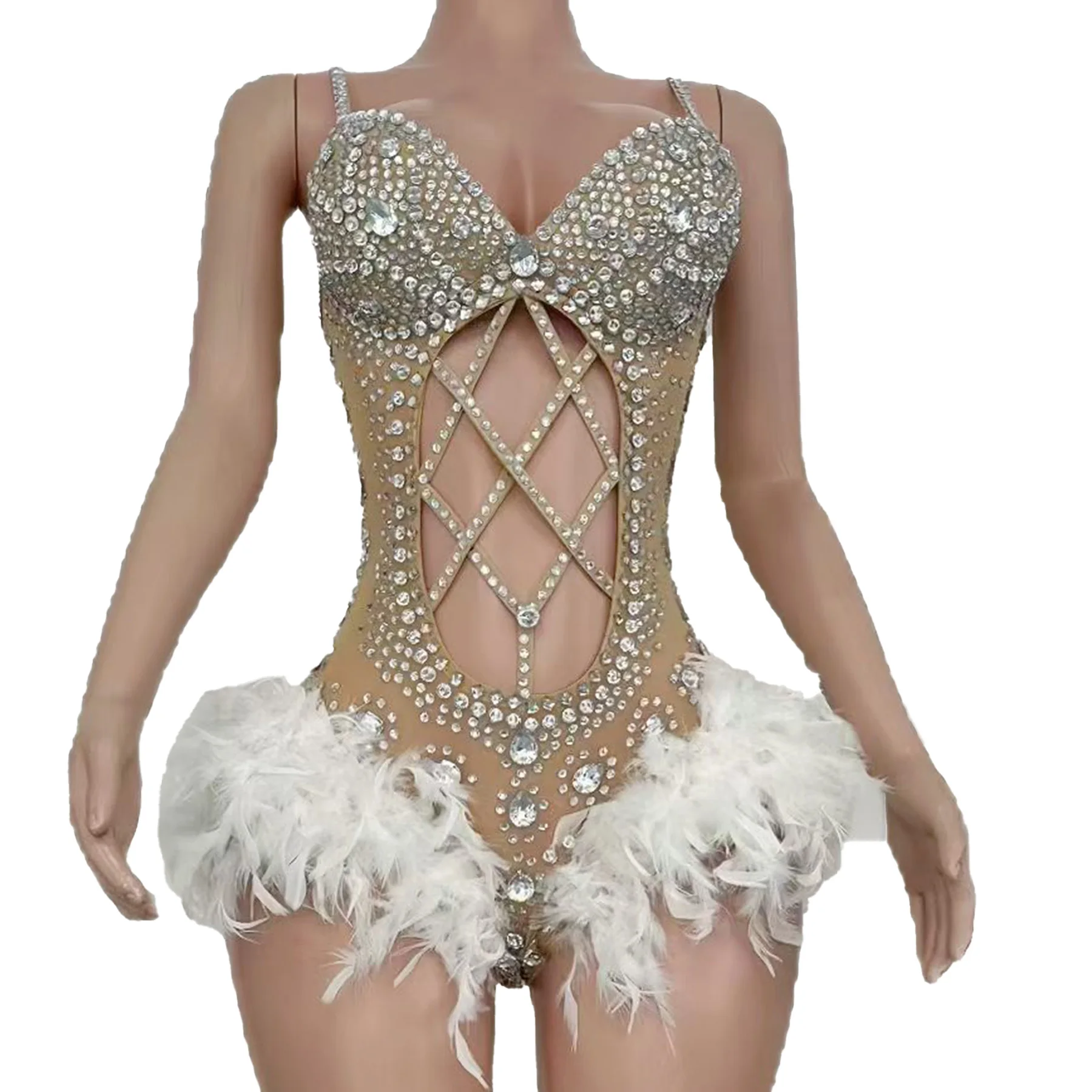 Yilong Luxus Dubai Abendkleid Sexy Hohl Silber Strass Weiße Feder Hosenträger Overall Neue Jahr Geburtstag Ball Kleid