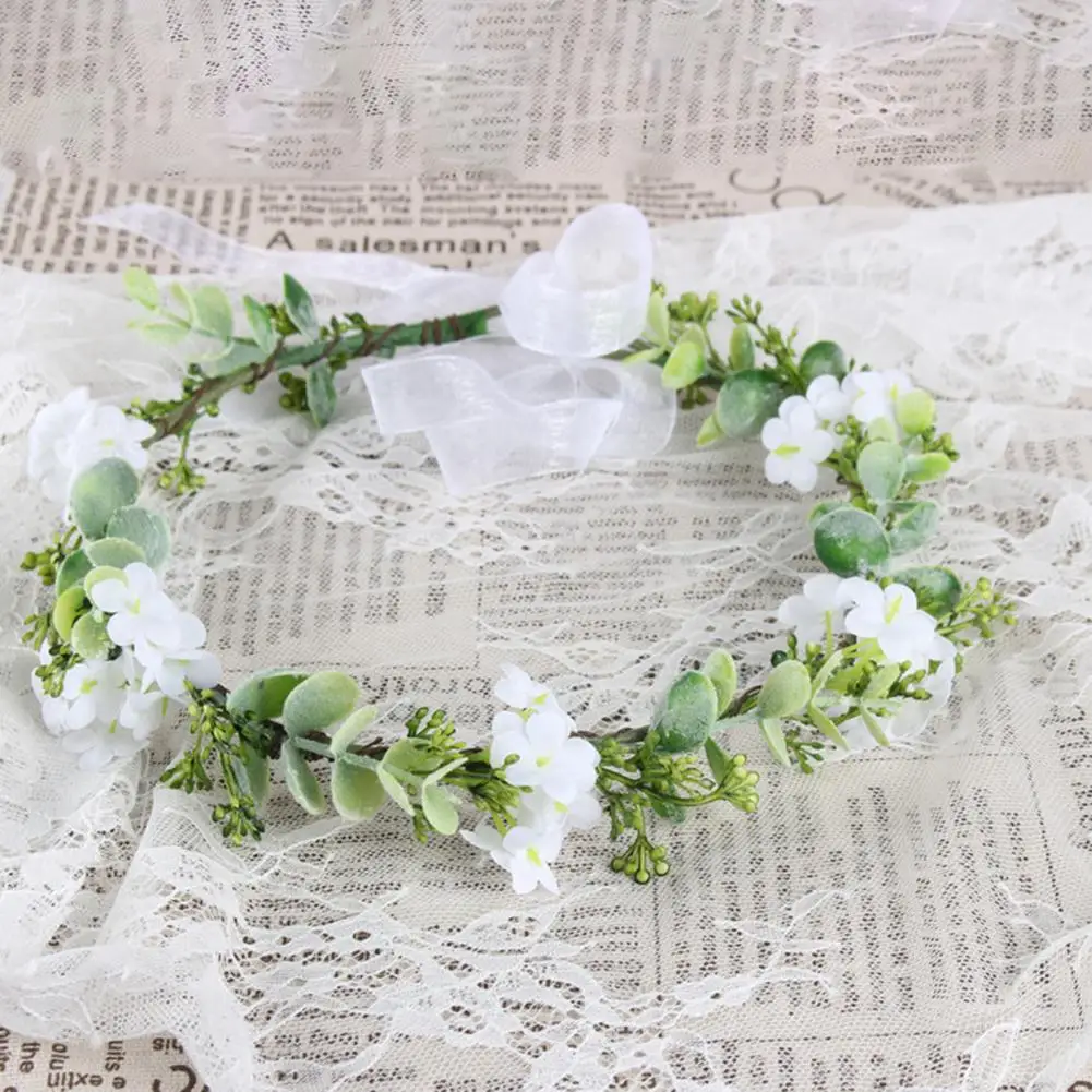 Bride Hair Wreath Crown Bridal Flower Crown Bride Bohemian Eucalyptus Mesh Decor Ribbon Wedding Birthday Party Hair Accessories