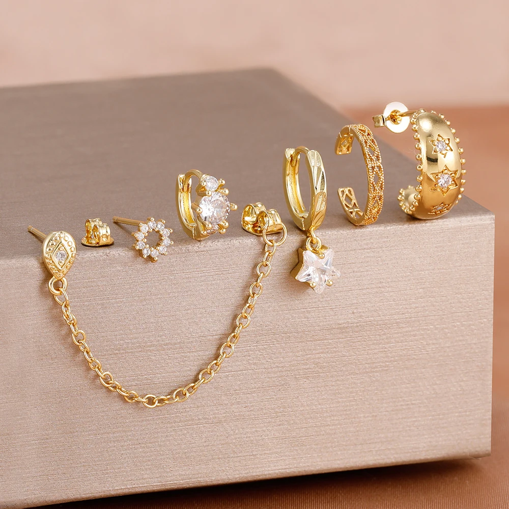 6-teiliges Edelstahl-Ohrringe-Set für Damen, Vergoldet, Retro Ohrklemmen, Clip-Ohrstecker, Zirkon-Stern-Hängeohrringe, Piercing-Schmuck