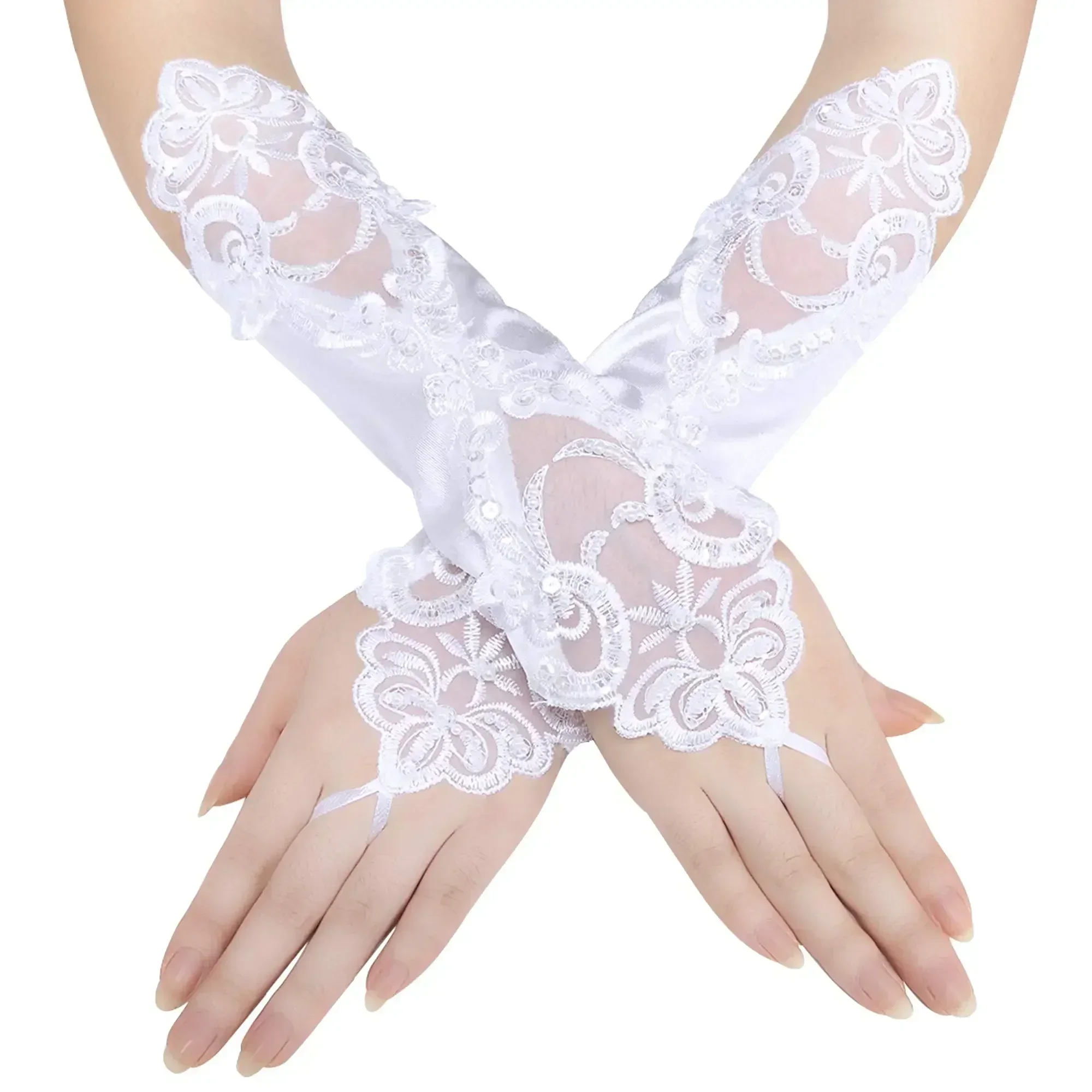 Woman White Lace Gloves Fingerless Phoenix pattern Elbow Length Long Dance Gloves