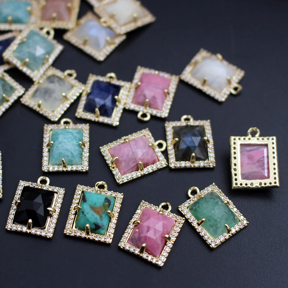 10pcs Faceted Rectangle Natural Australian Jade Labradorite Stone CZ Charms DIY for Women Lady Earrings Bracelet Chain Necklace
