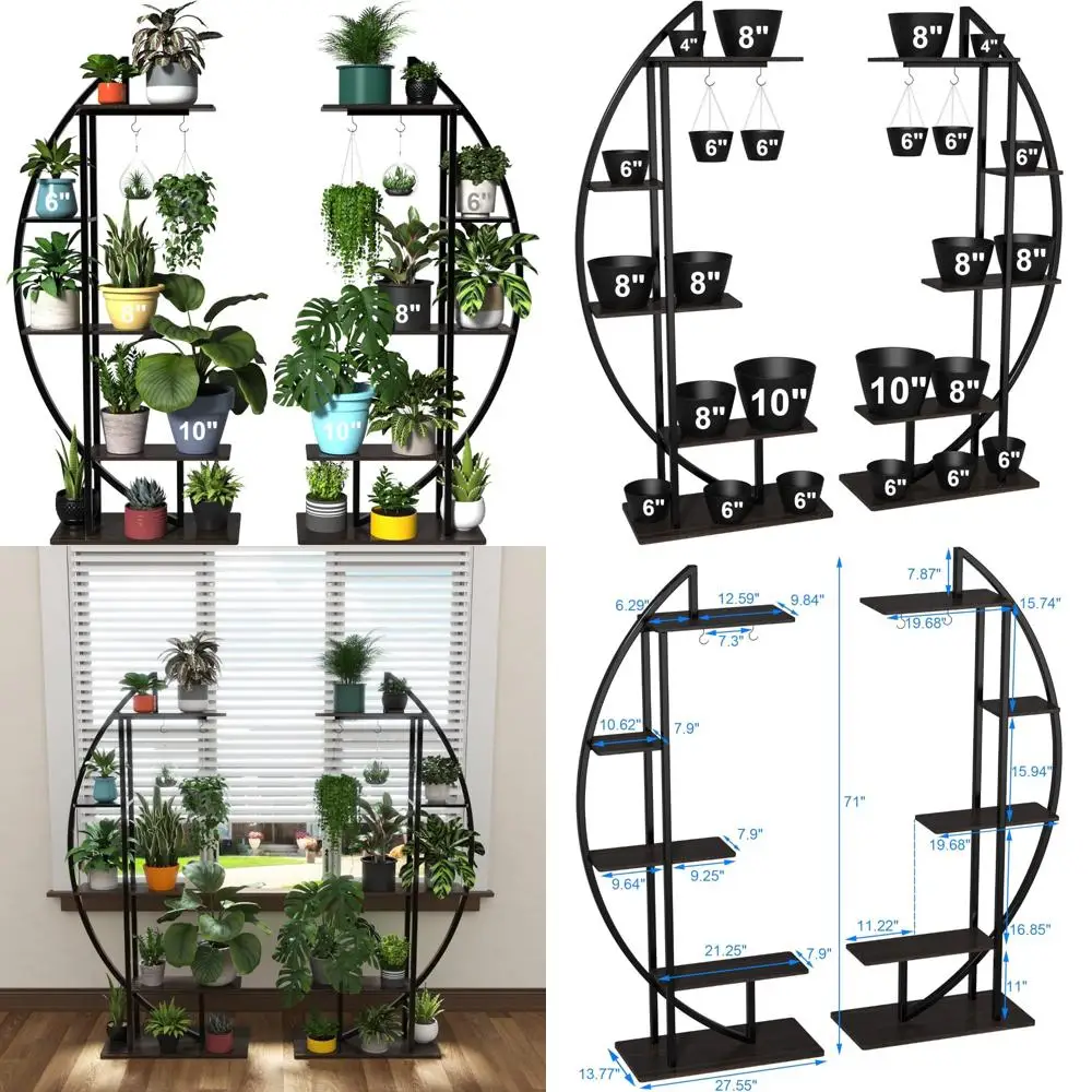 

Large Metal Indoor Plant Stand with Hanging Hook, Tall Design for More Space, Flower Rack for Home Decor