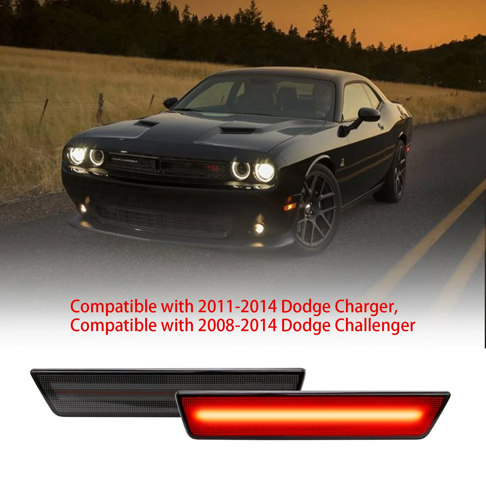 

2Pcs Smoked Lens Red LED Rear Side Marker Light Lamp Kits For 2008-2014 Dodge Challenger, 2011-2014 Dodge Charger Bumper