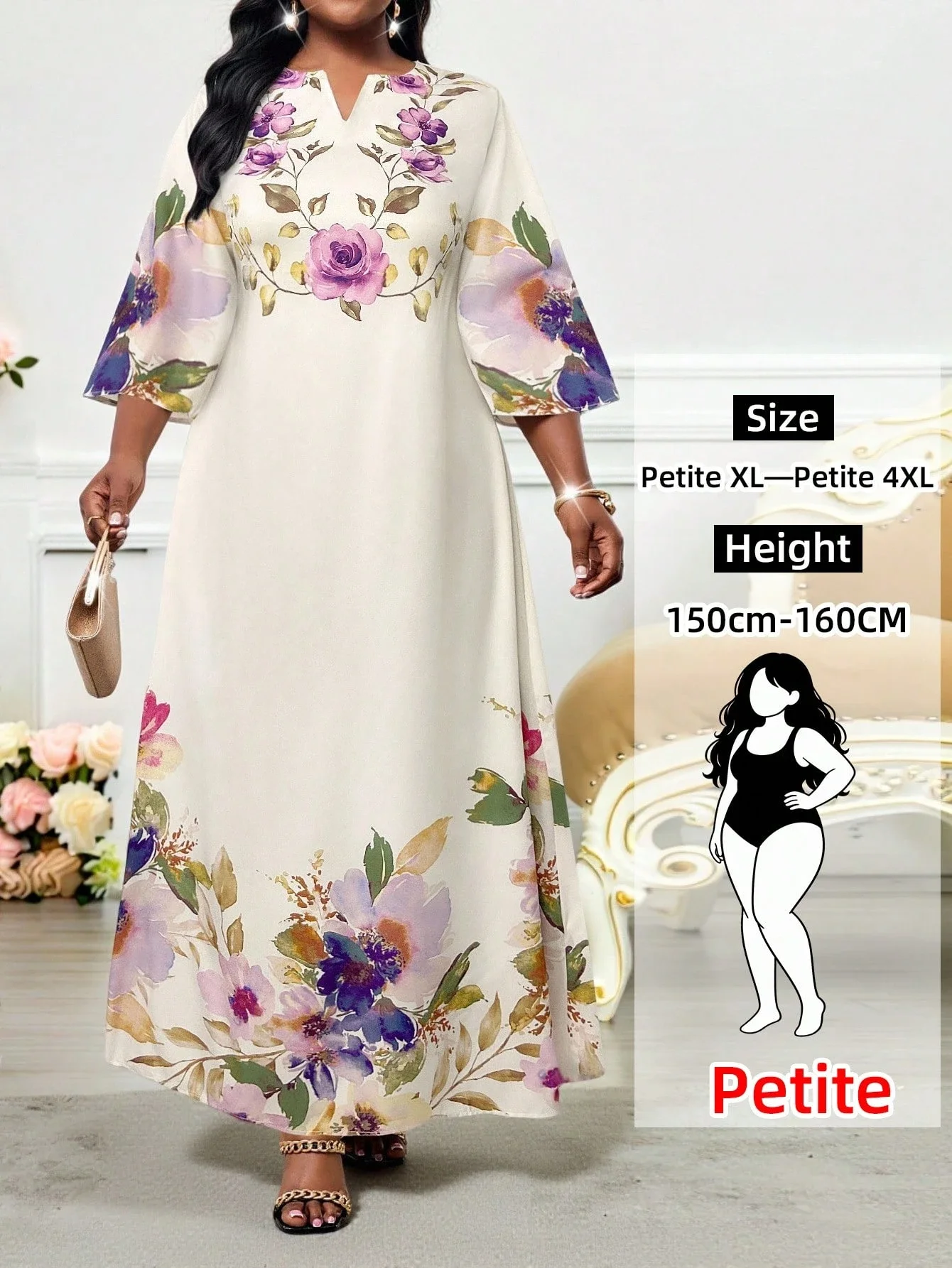 

Элегантное женское платье макси с цветочным принтом, свободного кроя, с V-образным вырезом, длиной в пол, весна-лето