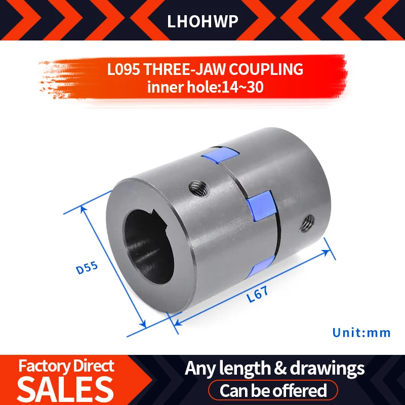 L095 L-Type Coupling D55L67 Inner Hole 14/15/16/18-30mm 3 Jaw Coupling Plum-Coulper Star Couplings High Torque