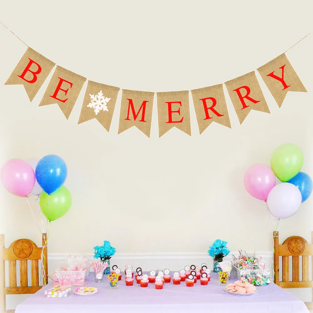 Letter Snowflake Linen Burlap Bunting Banner Party Room Window Hanging Swallowtail Pull Flag Christmas Banner