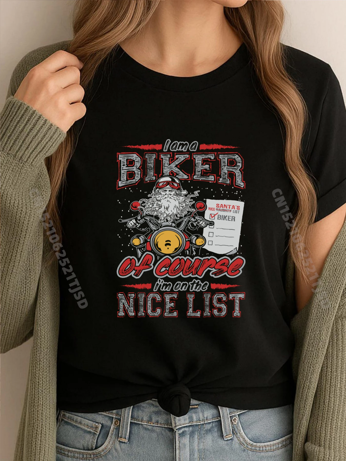 

Biker on Santa's Nice List Christmas Shirt Long Sleeve Free Shippping Clothes Female Camisas De Hombre