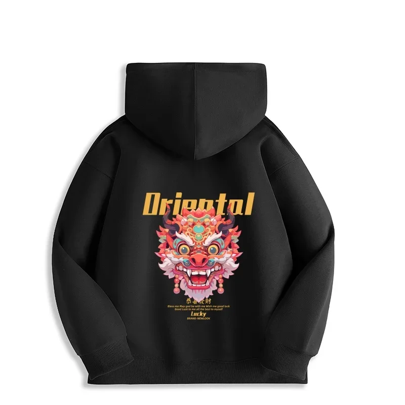 Oriental Dragon Face Hoodie - All-Season Harajuku Style Streetwear with Bold Lucky Charm Print, High Comfort