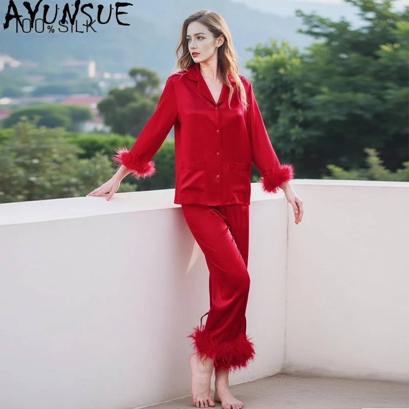 

AYUNSUE 19 мм, 100% шелковая пижама из тутового шелкопряда для женщин, коллекция Весна 2026, комплект для сна: топ с длинным рукавом и повседневные брюки с декоративными вставками