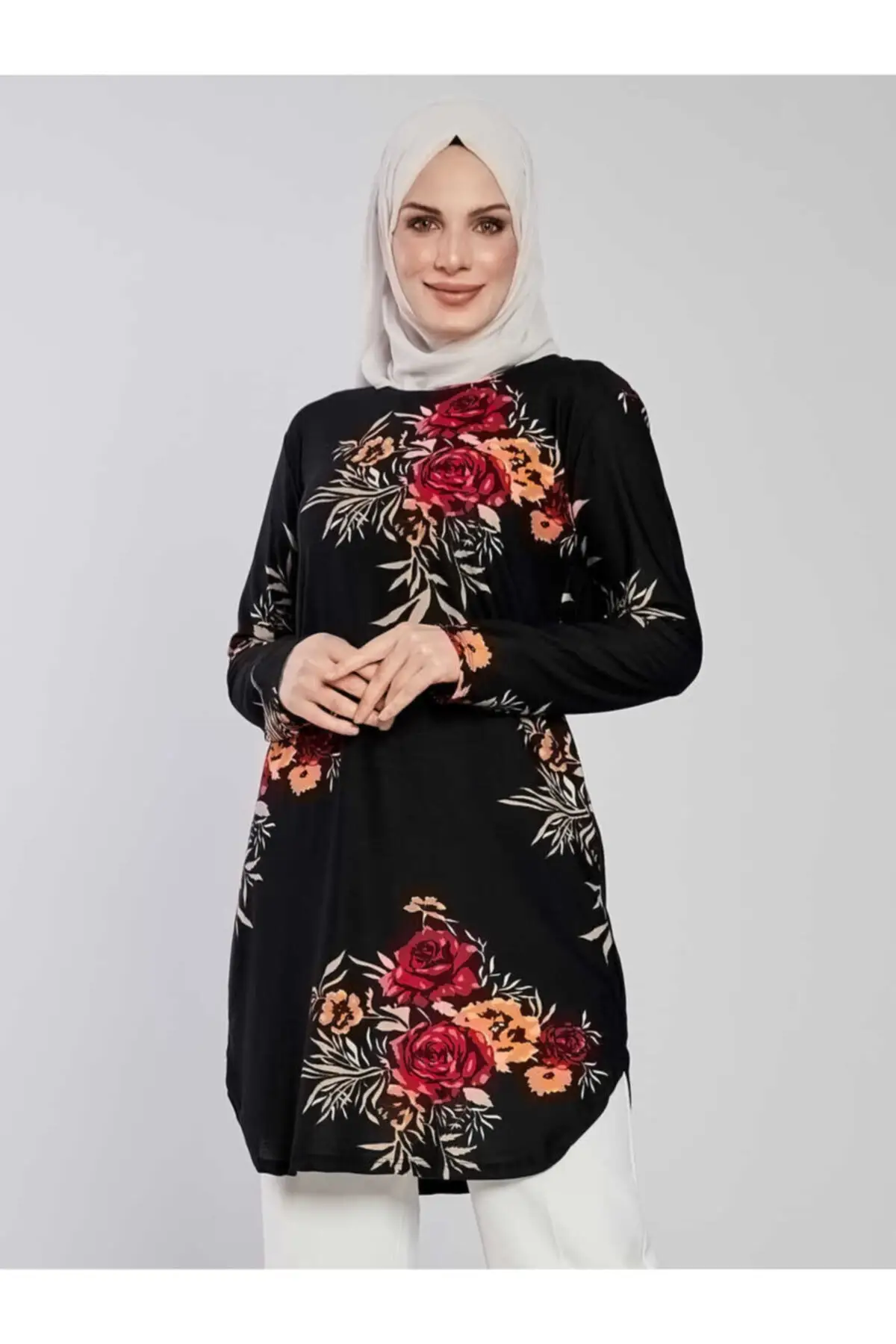 Women's Flower Print Hijab Tunik Mtn301 Black Burgundy-lycra knitted fabric.