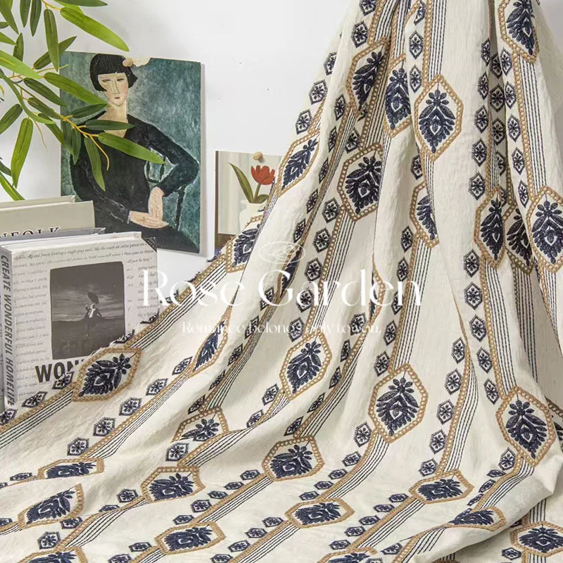 1meter Cotton Linen Embroidered Fabric Geometric Vintage Spring Summer New Versatile Tablecloth Curtain Bag Dress DIY Sewing