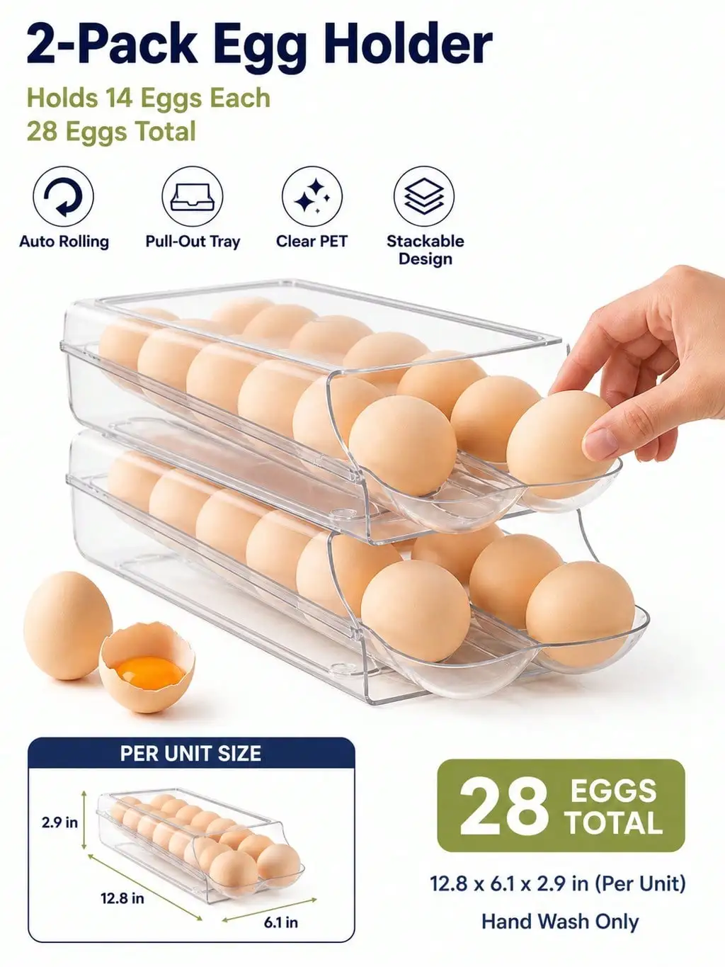 2-Pack Clear Automatic Rolling Egg Holder, Stackable Fridge Drawer Organizer, 28 Eggs Total, RV Kitchen Fridge Organizer