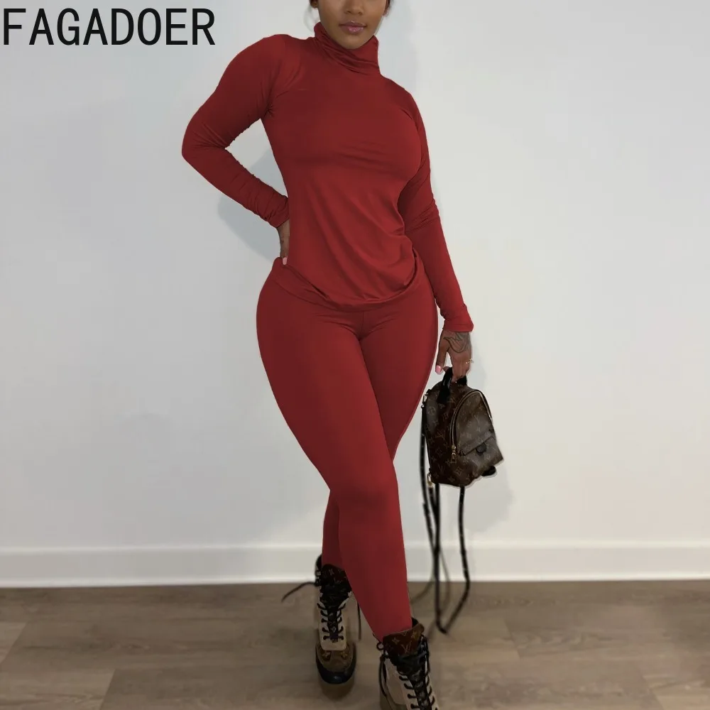 

FAGADOER Autumn Casual Solid Two Piece Set Women Turtleneck Long Sleeve Top + Skinny Pants Tracksuits Female Sporty 2pcs Outfits