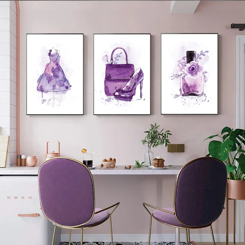 Purple Pink Fashion Glam Women Poster Perfume Bottle Art Prints Paris Canvas Painting Girl Wall Picture Nordic Living Room Decor