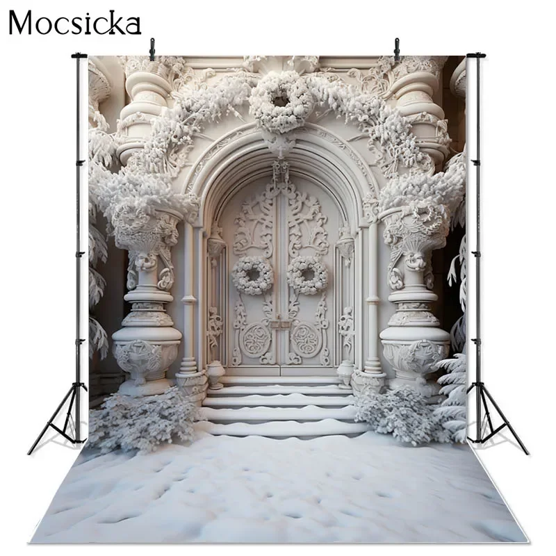 Mocsicka Photography Background Winter Christmas White Wood Door  Xmas Party Kids Family Portrait Decor Backdrop Photo Studio