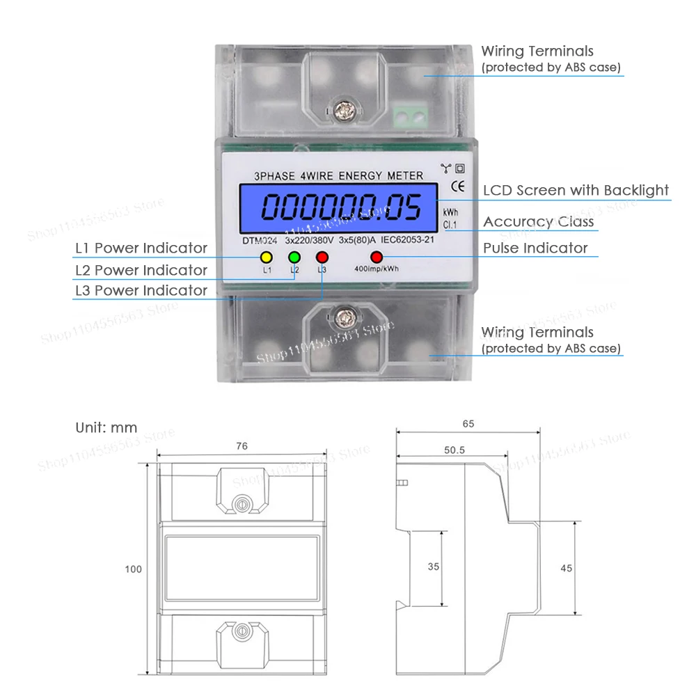 DIN Rail Three Phase Four Wire Digital Energy Meter 220/380V 5-80A, kWh Electricity Consumption Monitor for Industrial Use