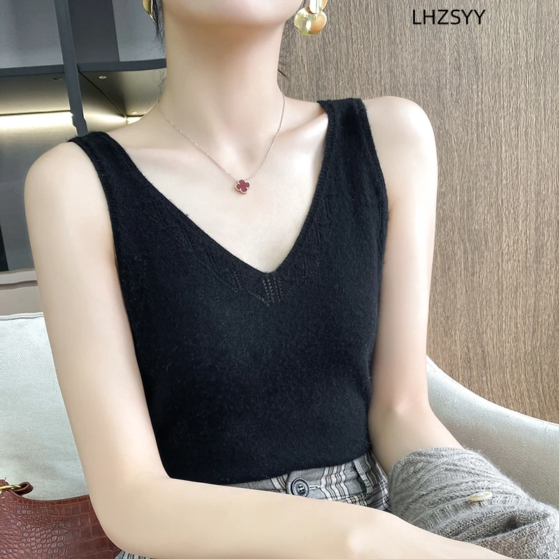 LHZSYY New 100%Pure Wool Vest Ladies First Line Garment V-Neck Hollow-out Camisole Four Seasons Lnside knit Sling Sleeveless Top