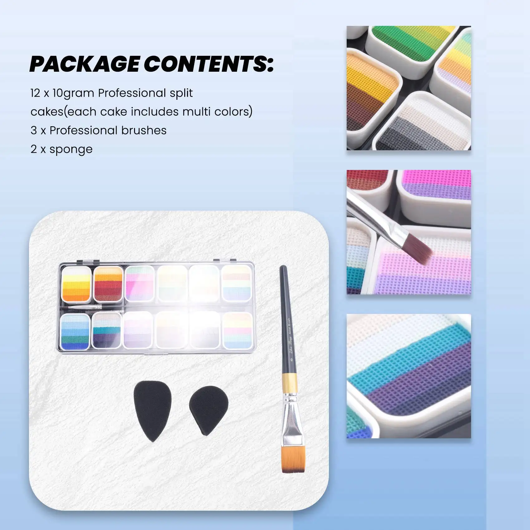 AB34-2X Face Paint Kit 1-Stroke 12 Split Cake Palette,Water Activated Body Paint Set With 6 Brushes 4 Sponges Non-Toxic
