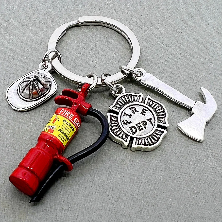 Fire Extinguisher Badge Firefighter Creative Hard Hat 3d Fire Truck Keychain