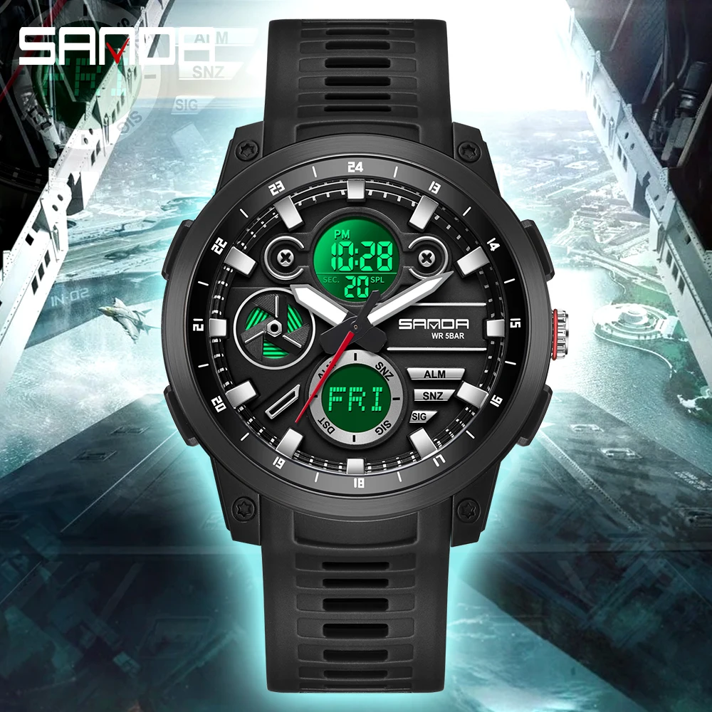 SANDA Brand 3379 New Men\'s Electronic Watch Dual Screen Sports Multi functional Waterproof LED Men\'s Electronic Watch