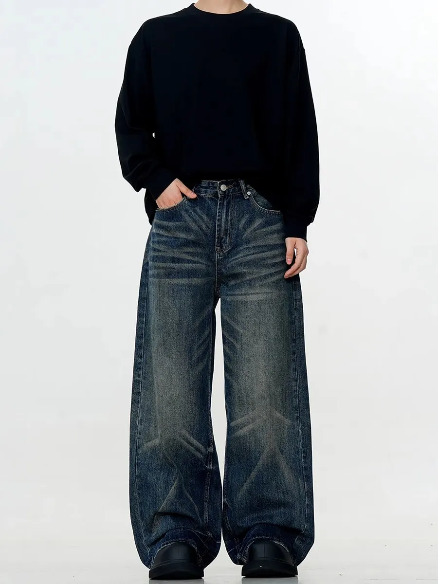 미국 빈티지 루즈 스트레이트 레그 남성용 청바지 워싱 디스트레스드 캐주얼 내구성 중간 높이 허리 긴 바지